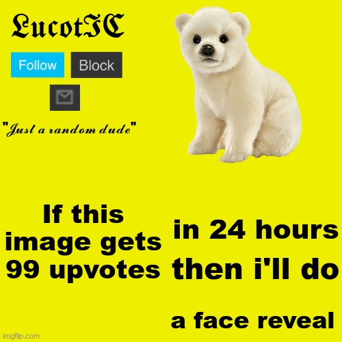 as if anyone cares this much about my existance ... haha... hah... | If this image gets 99 upvotes; in 24 hours; then i'll do; a face reveal | image tagged in lucotic polar bear announcement template | made w/ Imgflip meme maker