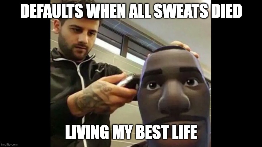 yay no more sweats | DEFAULTS WHEN ALL SWEATS DIED; LIVING MY BEST LIFE | image tagged in fortnite meme | made w/ Imgflip meme maker