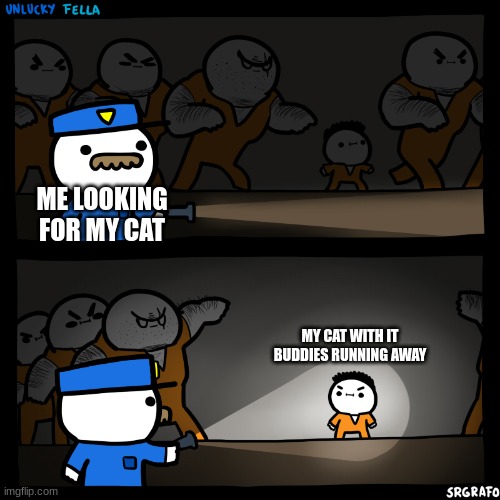 Unlucky fella | ME LOOKING FOR MY CAT; MY CAT WITH IT BUDDIES RUNNING AWAY | image tagged in unlucky fella | made w/ Imgflip meme maker