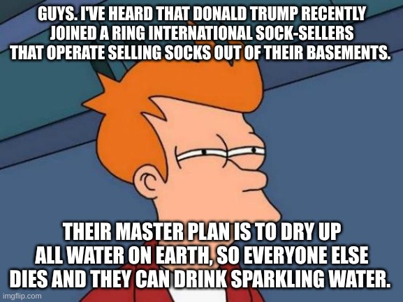 If they can make conspiracies, so can we! (this is made up by me though) | GUYS. I'VE HEARD THAT DONALD TRUMP RECENTLY JOINED A RING INTERNATIONAL SOCK-SELLERS THAT OPERATE SELLING SOCKS OUT OF THEIR BASEMENTS. THEIR MASTER PLAN IS TO DRY UP ALL WATER ON EARTH, SO EVERYONE ELSE DIES AND THEY CAN DRINK SPARKLING WATER. | image tagged in memes,futurama fry,donald trump,lies | made w/ Imgflip meme maker