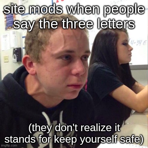 angery boi | site mods when people say the three letters; (they don't realize it stands for keep yourself safe) | image tagged in angery boi | made w/ Imgflip meme maker