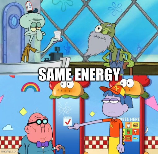 Squidward and Gloria as fast food workers | SAME ENERGY | image tagged in spongebob squarepants,big city greens,fast food worker,same energy,squidward | made w/ Imgflip meme maker
