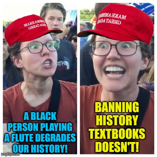 Social Justice Warrior Hypocrisy | A BLACK PERSON PLAYING A FLUTE DEGRADES OUR HISTORY! BANNING HISTORY TEXTBOOKS DOESN'T! | image tagged in social justice warrior hypocrisy | made w/ Imgflip meme maker