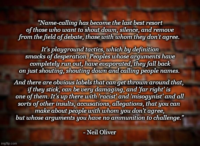 Name-Calling Is Desperation | "Name-calling has become the last best resort of those who want to shout down, silence, and remove from the field of debate, those with whom they don't agree. It's playground tactics, which by definition smacks of desperation. Peoples whose arguments have completely run out, have evaporated, they fall back on just shouting, shouting down and calling people names. And there are obvious labels that can get thrown around that, 
if they stick, can be very damaging, and 'far right' is 

one of them. It's up there with 'racist' and 'misogynist' and all sorts of other insults, accusations, allegations, that you can 
make about people with whom you don't agree,
but whose arguments you have no ammunition to challenge."; - Neil Oliver | image tagged in brick wall,inspirational,quotes,insults,argument,arguing | made w/ Imgflip meme maker