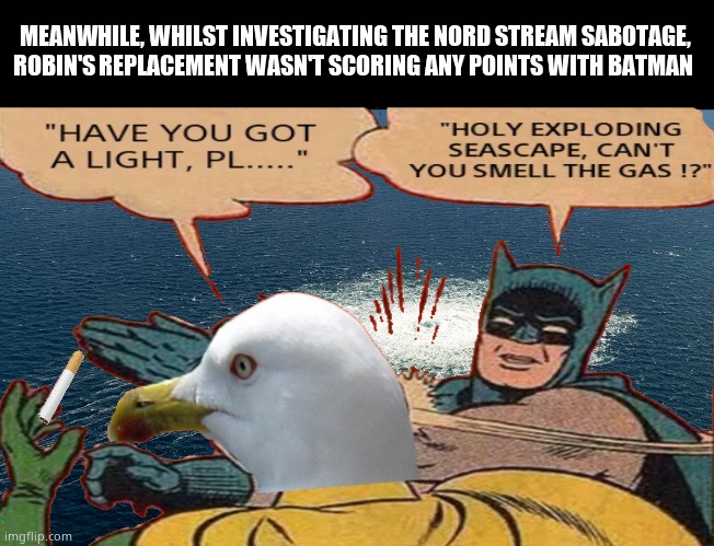 Robin got monkey pox | MEANWHILE, WHILST INVESTIGATING THE NORD STREAM SABOTAGE,
ROBIN'S REPLACEMENT WASN'T SCORING ANY POINTS WITH BATMAN | image tagged in memes,batman slapping robin,gas,pipeline,political meme | made w/ Imgflip meme maker