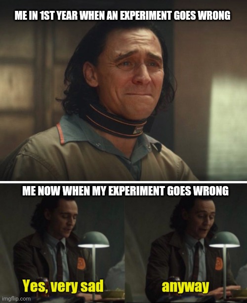 When your growing in your Phd | ME IN 1ST YEAR WHEN AN EXPERIMENT GOES WRONG; ME NOW WHEN MY EXPERIMENT GOES WRONG | image tagged in loki crying,loki-yes very sad anyway | made w/ Imgflip meme maker