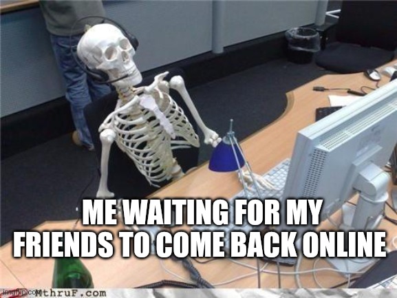 Damn I feel you man | ME WAITING FOR MY FRIENDS TO COME BACK ONLINE | image tagged in waiting skeleton | made w/ Imgflip meme maker