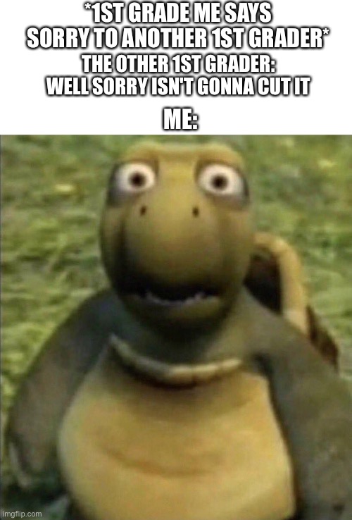 Devastation | *1ST GRADE ME SAYS SORRY TO ANOTHER 1ST GRADER*; THE OTHER 1ST GRADER: WELL SORRY ISN'T GONNA CUT IT; ME: | image tagged in shocked turtle | made w/ Imgflip meme maker