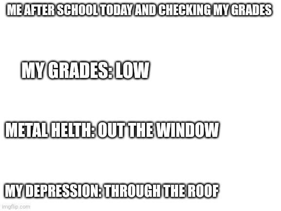 I haven't been diagnosed with depression but I'm feeling pretty depressed | ME AFTER SCHOOL TODAY AND CHECKING MY GRADES; MY GRADES: LOW; METAL HELTH: OUT THE WINDOW; MY DEPRESSION: THROUGH THE ROOF | image tagged in blank white template | made w/ Imgflip meme maker