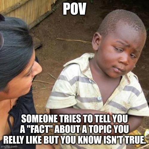 ? | POV; SOMEONE TRIES TO TELL YOU A "FACT" ABOUT A TOPIC YOU RELLY LIKE BUT YOU KNOW ISN'T TRUE. | image tagged in memes,third world skeptical kid | made w/ Imgflip meme maker