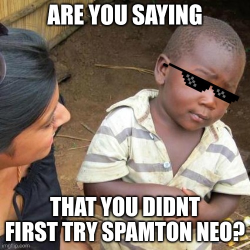 Third World Skeptical Kid | ARE YOU SAYING; THAT YOU DIDNT FIRST TRY SPAMTON NEO? | image tagged in memes,third world skeptical kid | made w/ Imgflip meme maker