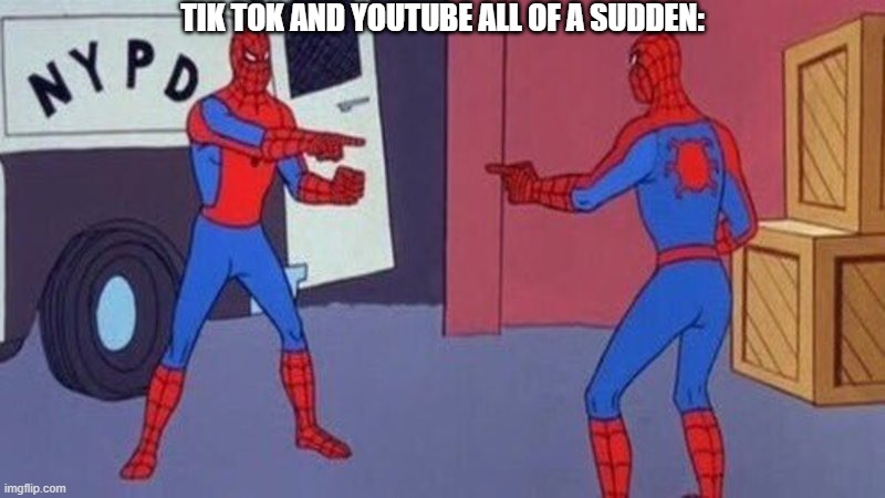 spiderman pointing at spiderman | TIK TOK AND YOUTUBE ALL OF A SUDDEN: | image tagged in spiderman pointing at spiderman,tiktok,tik tok,youtube | made w/ Imgflip meme maker