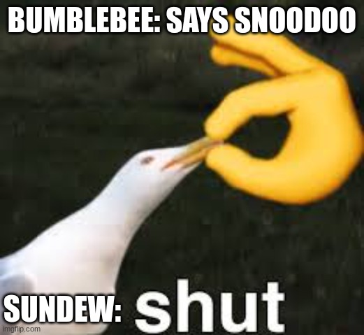 SSNNOOOODDOOOO! | BUMBLEBEE: SAYS SNOODOO; SUNDEW: | image tagged in shut bird,wings of fire | made w/ Imgflip meme maker