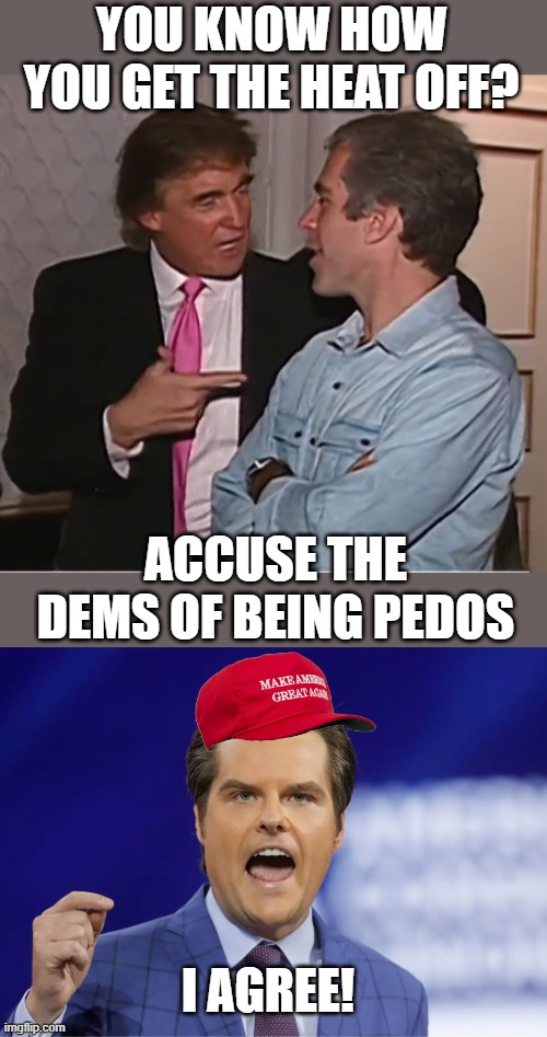 Boomerang' what a concept |  YOU KNOW HOW YOU GET THE HEAT OFF? ACCUSE THE DEMS OF BEING PEDOS; I AGREE! | image tagged in trump epstein party,gaetz,memes,politics,maga,pedophile | made w/ Imgflip meme maker