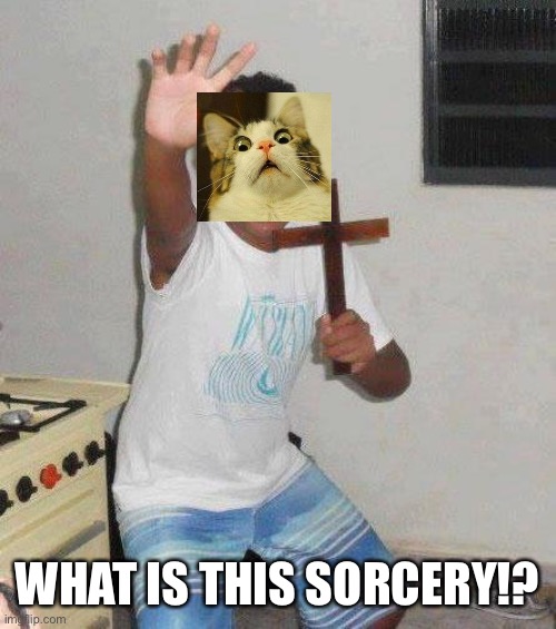 kid with cross | WHAT IS THIS SORCERY!? | image tagged in kid with cross | made w/ Imgflip meme maker