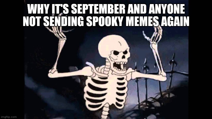 Spooky Skeleton | WHY IT'S SEPTEMBER AND ANYONE NOT SENDING SPOOKY MEMES AGAIN | image tagged in spooky skeleton,memes,halloween,september | made w/ Imgflip meme maker