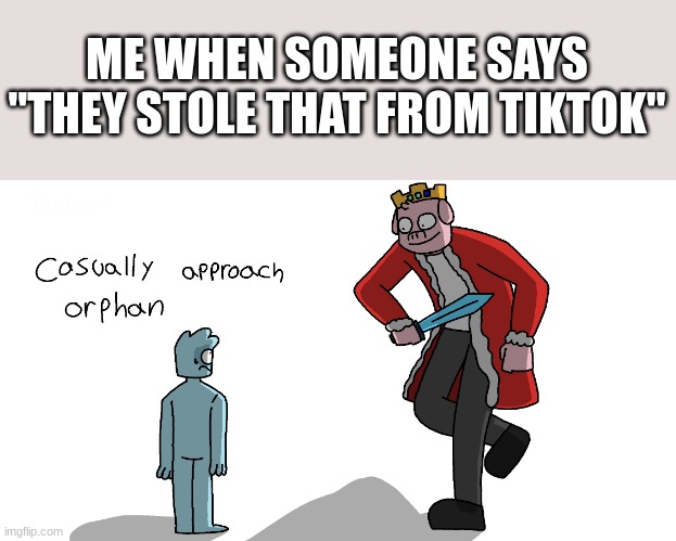 Prepare to die TikTok fans | ME WHEN SOMEONE SAYS "THEY STOLE THAT FROM TIKTOK" | image tagged in casually approach orphan | made w/ Imgflip meme maker