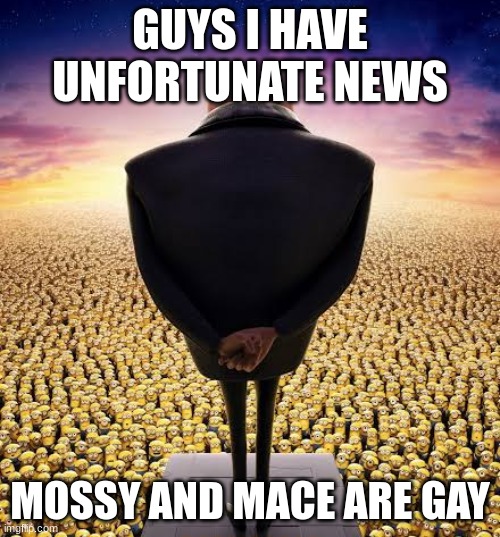 guys i have bad news | GUYS I HAVE UNFORTUNATE NEWS; MOSSY AND MACE ARE GAY | image tagged in guys i have bad news | made w/ Imgflip meme maker