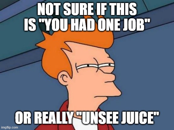 Futurama Fry | NOT SURE IF THIS IS "YOU HAD ONE JOB"; OR REALLY "UNSEE JUICE" | image tagged in memes,futurama fry | made w/ Imgflip meme maker