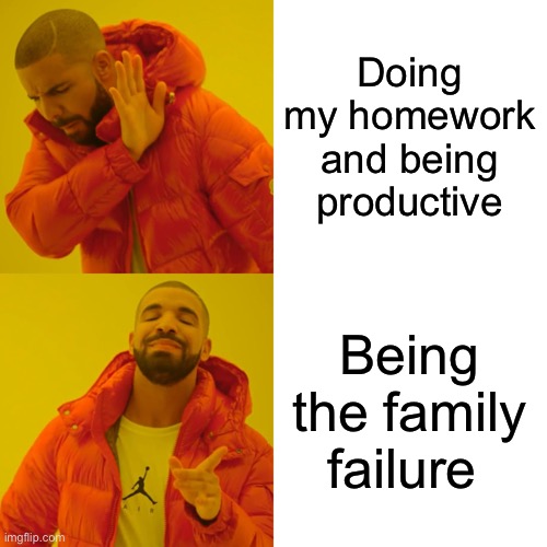 Drake Hotline Bling Meme | Doing my homework and being productive; Being the family failure | image tagged in memes,drake hotline bling | made w/ Imgflip meme maker
