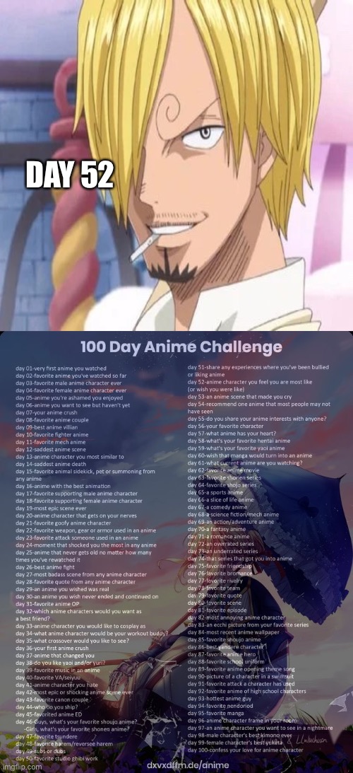 Sanji | DAY 52 | image tagged in 100 day anime challenge,one piece | made w/ Imgflip meme maker