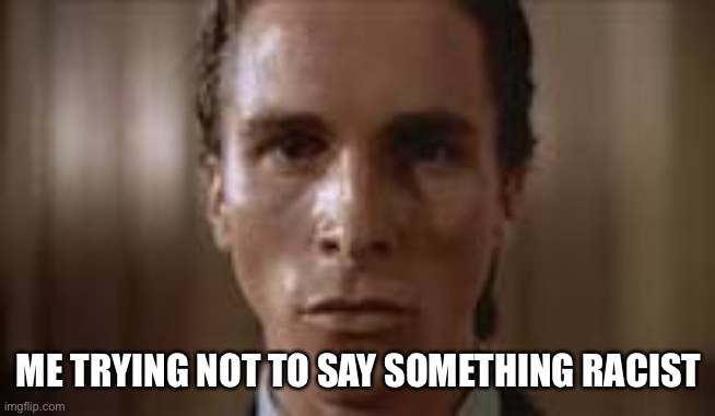 Patrick Bateman staring | ME TRYING NOT TO SAY SOMETHING RACIST | image tagged in patrick bateman staring | made w/ Imgflip meme maker