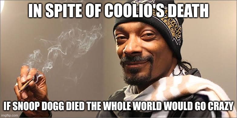 just sayin | IN SPITE OF COOLIO'S DEATH; IF SNOOP DOGG DIED THE WHOLE WORLD WOULD GO CRAZY | image tagged in snoop dog high | made w/ Imgflip meme maker