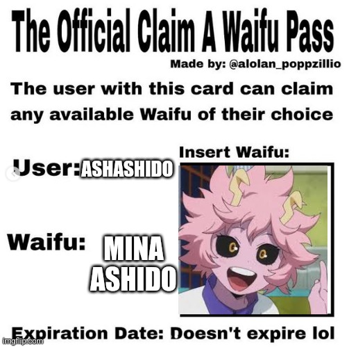 Official claim a waifu pass | ASHASHIDO; MINA ASHIDO | image tagged in official claim a waifu pass | made w/ Imgflip meme maker