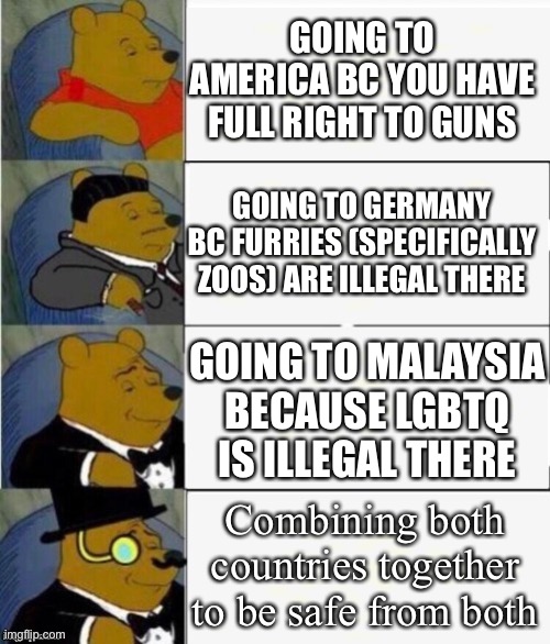 Tuxedo Winnie the Pooh 4 panel | GOING TO AMERICA BC YOU HAVE FULL RIGHT TO GUNS; GOING TO GERMANY BC FURRIES (SPECIFICALLY ZOOS) ARE ILLEGAL THERE; GOING TO MALAYSIA BECAUSE LGBTQ IS ILLEGAL THERE; Combining both countries together to be safe from both | image tagged in tuxedo winnie the pooh 4 panel | made w/ Imgflip meme maker