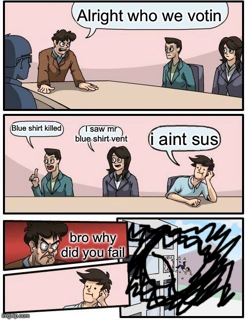 Among us be like: | Alright who we votin; Blue shirt killed; I saw mr blue shirt vent; i aint sus; bro why did you fail | image tagged in memes,boardroom meeting suggestion,when fellow imposter sus,among ud,yeetus maximus,yeet | made w/ Imgflip meme maker