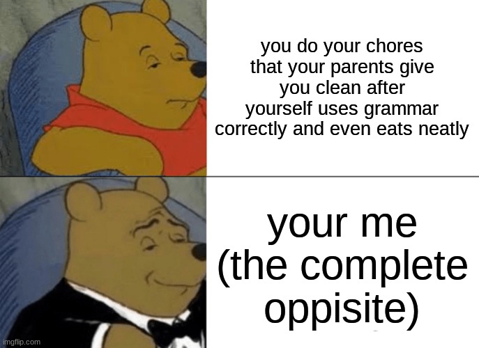 Tuxedo Winnie The Pooh Meme | you do your chores that your parents give you clean after yourself uses grammar correctly and even eats neatly; your me (the complete oppisite) | image tagged in memes,tuxedo winnie the pooh | made w/ Imgflip meme maker