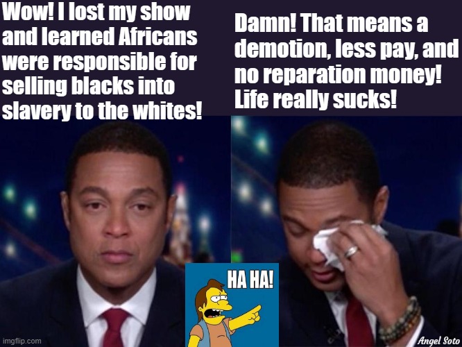 Don Lemon crying | Wow! I lost my show
and learned Africans
were responsible for
selling blacks into 
slavery to the whites! Damn! That means a
demotion, less pay, and
no reparation money!
Life really sucks! Angel Soto | image tagged in don lemon,african,blacks,money,slavery,damn | made w/ Imgflip meme maker