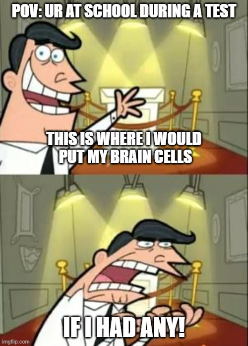 my brain during a test be like | POV: UR AT SCHOOL DURING A TEST
 
 
 
 
 
  
THIS IS WHERE I WOULD
 PUT MY BRAIN CELLS; IF I HAD ANY! | image tagged in memes,this is where i'd put my trophy if i had one,my brain during a test | made w/ Imgflip meme maker