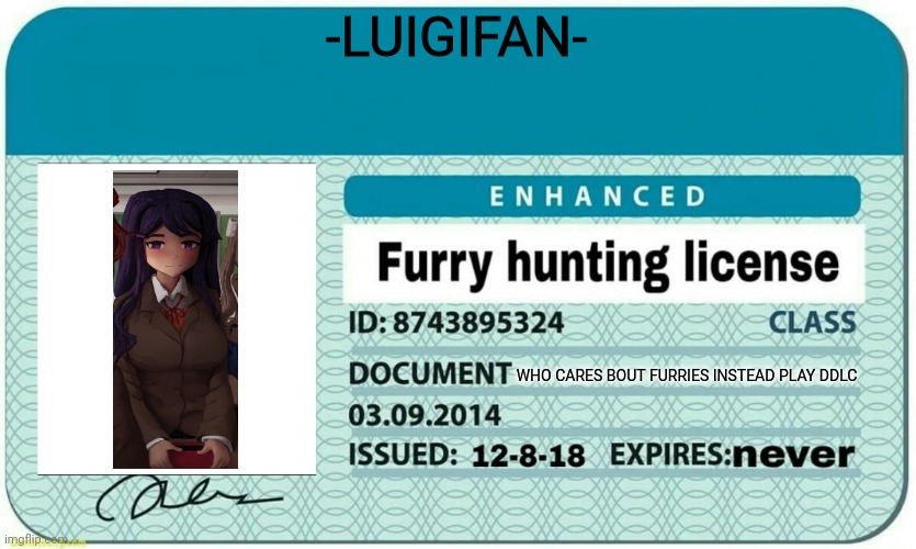 Kill em all | -LUIGIFAN-; WHO CARES BOUT FURRIES INSTEAD PLAY DDLC | image tagged in furry hunting license | made w/ Imgflip meme maker