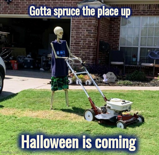 Ready for Trick or Treat | Gotta spruce the place up; Halloween is coming | image tagged in happy halloween,rocktober,autumn,waiting skeleton,cleaning | made w/ Imgflip meme maker