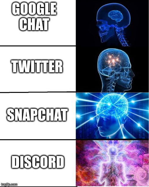 evolution of instant messaging | GOOGLE CHAT; TWITTER; SNAPCHAT; DISCORD | image tagged in galaxy brain | made w/ Imgflip meme maker