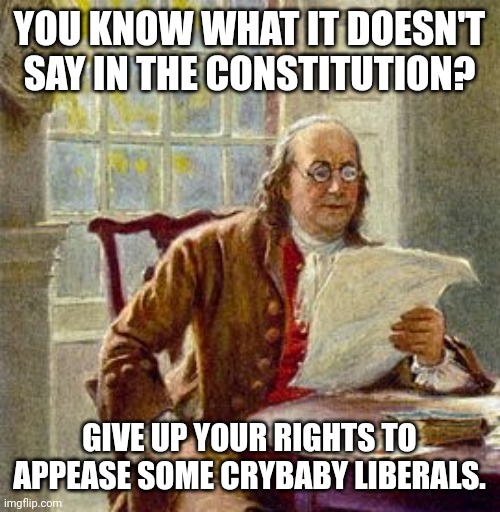 On a side note, America is a Constitutional Republic. | YOU KNOW WHAT IT DOESN'T SAY IN THE CONSTITUTION? GIVE UP YOUR RIGHTS TO APPEASE SOME CRYBABY LIBERALS. | image tagged in memes | made w/ Imgflip meme maker