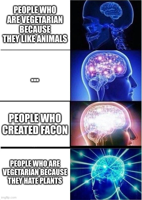 Expanding Brain | PEOPLE WHO ARE VEGETARIAN BECAUSE THEY LIKE ANIMALS; ... PEOPLE WHO CREATED FACON; PEOPLE WHO ARE VEGETARIAN BECAUSE THEY HATE PLANTS | image tagged in memes,expanding brain | made w/ Imgflip meme maker