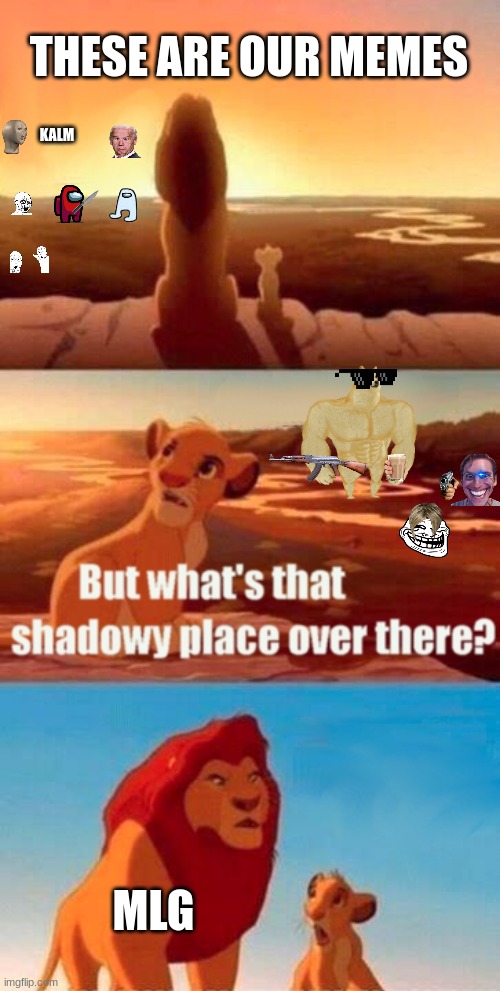 Simba Shadowy Place Meme | THESE ARE OUR MEMES; KALM; MLG | image tagged in memes,simba shadowy place,cats | made w/ Imgflip meme maker