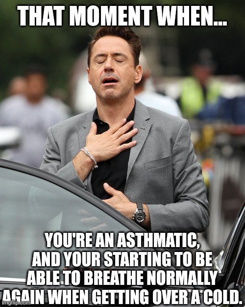 I'm feeling a lot better today. | THAT MOMENT WHEN... YOU'RE AN ASTHMATIC, AND YOUR STARTING TO BE ABLE TO BREATHE NORMALLY AGAIN WHEN GETTING OVER A COLD. | image tagged in relief,relateable,true story,memes,barney will eat all of your delectable biscuits | made w/ Imgflip meme maker