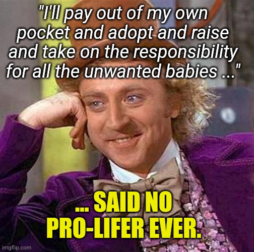 It Looks Great On A Protest Sign ... Otherwise ... | "I'll pay out of my own pocket and adopt and raise and take on the responsibility for all the unwanted babies ..."; ... SAID NO PRO-LIFER EVER. | image tagged in creepy condescending wonka,pro-life,pro-choice,who will care for all the unwanteds,my body my choice,roe v wade | made w/ Imgflip meme maker