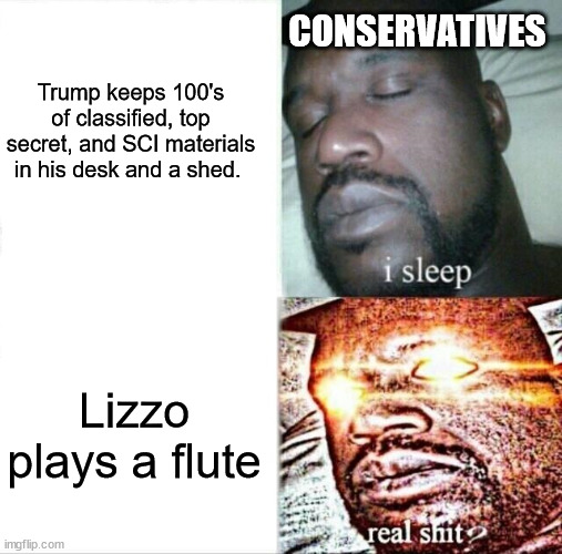Sleeping Shaq | CONSERVATIVES; Trump keeps 100's of classified, top secret, and SCI materials in his desk and a shed. Lizzo plays a flute | image tagged in memes,sleeping shaq | made w/ Imgflip meme maker