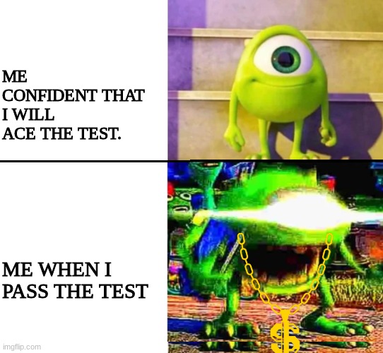 mike wazowski | ME CONFIDENT THAT I WILL ACE THE TEST. ME WHEN I PASS THE TEST | image tagged in mike wazowski | made w/ Imgflip meme maker