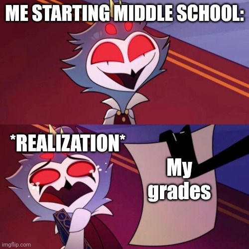 Stolas crying | ME STARTING MIDDLE SCHOOL:; *REALIZATION*; My grades | image tagged in stolas crying | made w/ Imgflip meme maker