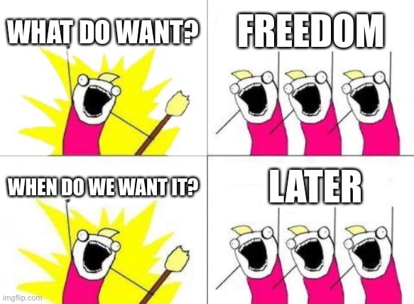 Freedom | WHAT DO WANT? FREEDOM; WHEN DO WE WANT IT? LATER | image tagged in memes,what do we want | made w/ Imgflip meme maker