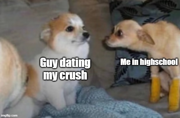 Creepy dog stare | Me in highschool; Guy dating my crush | image tagged in creepy dog stare | made w/ Imgflip meme maker