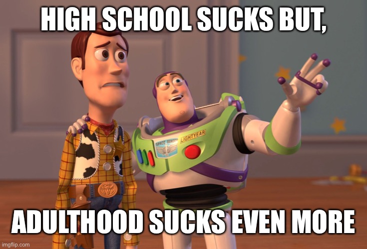 X, X Everywhere | HIGH SCHOOL SUCKS BUT, ADULTHOOD SUCKS EVEN MORE | image tagged in memes,x x everywhere,adulthood,high school,school sucks,adulting | made w/ Imgflip meme maker