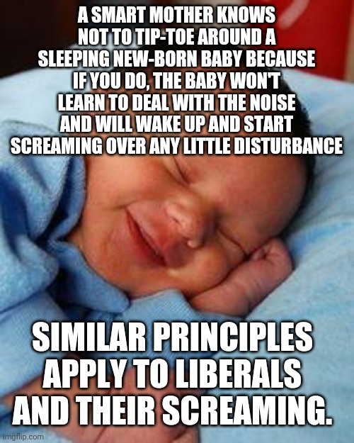 Catering to liberal feelings is what made them what they are today.. if they get offended, offend more | A SMART MOTHER KNOWS NOT TO TIP-TOE AROUND A SLEEPING NEW-BORN BABY BECAUSE IF YOU DO, THE BABY WON'T LEARN TO DEAL WITH THE NOISE AND WILL WAKE UP AND START SCREAMING OVER ANY LITTLE DISTURBANCE; SIMILAR PRINCIPLES APPLY TO LIBERALS AND THEIR SCREAMING. | image tagged in sleeping baby laughing | made w/ Imgflip meme maker