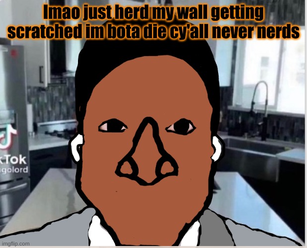 n | lmao just herd my wall getting scratched im bota die cy'all never nerds | image tagged in n | made w/ Imgflip meme maker