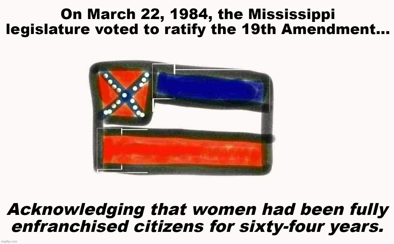 Sometimes mundane-sounding facts really just stop you in your tracks | On March 22, 1984, the Mississippi legislature voted to ratify the 19th Amendment... Acknowledging that women had been fully enfranchised citizens for sixty-four years. | image tagged in mississippi | made w/ Imgflip meme maker